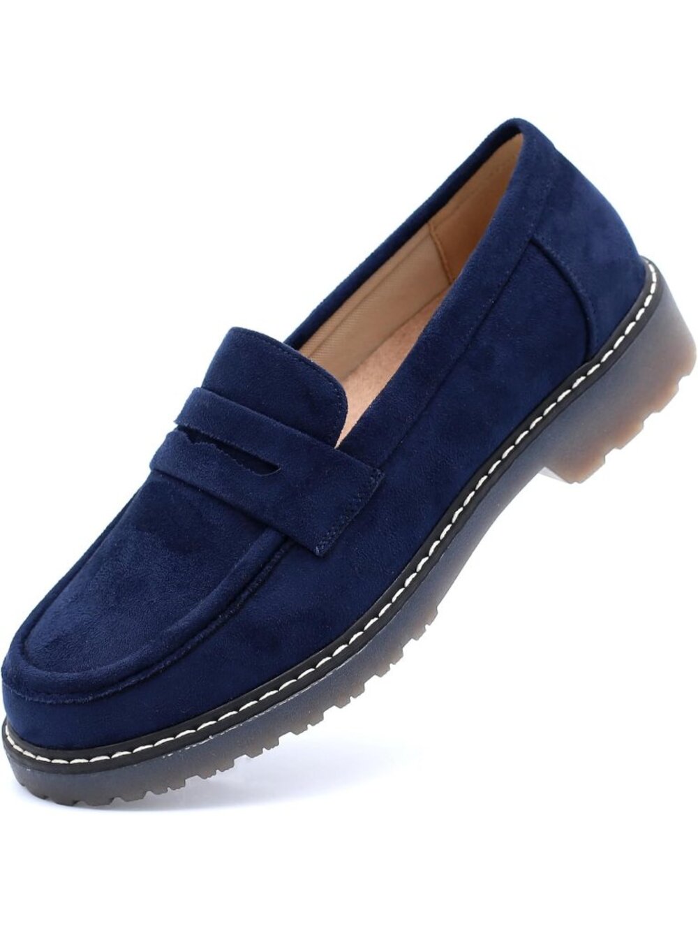 🆕Women's Suede Blue Chunky Loafers Platform Comfortable Slip-On Dressy
